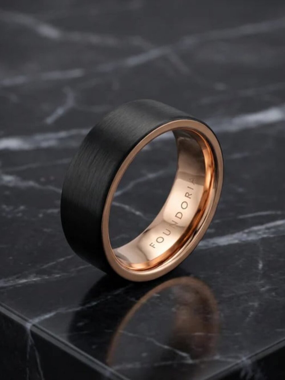 Foundoria Aurin Black Tungsten Ring With Rose Gold Mens Size 10